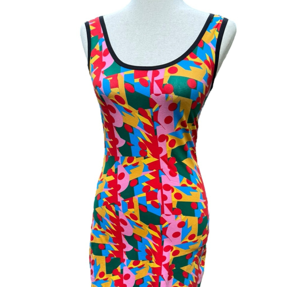 Nooworks Macarena Print Tank Dress | Small | Bold Colorful Cotton Bodycon PopArt